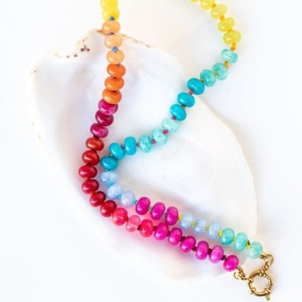 Rainbow Crystal Beaded Necklace 18K Gold Toggle Waterproof Boho Layering Jewelry - Picture 15 of 16